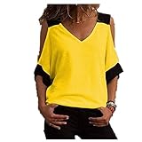 Damen Patchwork Cold Shoulder T-Shirt Tops V-Ausschnitt Halbarm Weiblich Tee Shirt Sommer Casual T Shirt für Frauen Gr. XXXXL, Gelb 1