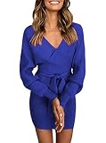ZIYYOOHY Damen Elegant Strickkleid Pulloverkleid Tunika Kleid V-Ausschnitt Langarm Minikleid Mit Gürtel（251-GBM
