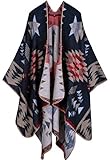 Shmily Girl Damen Poncho Herbst Winter Kariert Capes Patchwork Strickjacke Mehrere Funktion (One Size, Geometrische Muster/Schwarz & Kaffee)
