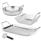 GFTIME Grillkorb 3 Pack Set 25,4 cm-36cm aus 304 Edelstahl Grillzubehör, Grillschale für alle Grillarten, Gas, Holzkohle Elektrogrill, Weber Traeger Big, Green Egg G