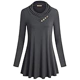 XIANO Damen Casual Lang/Kurzarm Tops Lose Plissee Tunika Shirts Lang/Kurzarm V-Ausschnitt Knopf Lose Casual Tunika Oberteile Bluse Damen T Shirts Oberteile Langarm Einfarbig Damen Ob