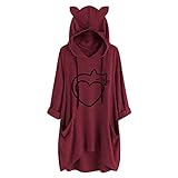 Lazzboy Kapuzenpullover Frauen Druck Katzen Ohr Mit Kapuze Langärmliges Unregelmäßiges Spitzenblusen Hemd Damen Lang Oversize Hoodie Pullover Sweatshirt(Wein,L)