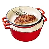 Sparkﬂame 2-in-1 Emaille Gusseisen- Topf mit Gusseisen-Pfanne — 6 kg Qualität, Ø 26 cm - Induktionsherd geeignet - Top Hitzeverteilung - 4,6 L, ideal als Bräter, Schmortopf, Brotback