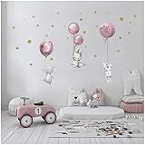 Wandsticker personalisiert Sticker Aquarell Tiere mit Name Wandtattoo für Kinderzimmer Babyzimmer Spielzimmer Mädchen Junge Y037 (Nr. 6 Hasen mit Ballons Rosa, Ohne Wunschname)