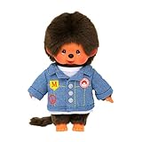 Bandai - Monchhichi - Plüschtier Monchhichi Jeansjacke - Ikonisches Plüschtier der 80er Jahre - Kuscheltier 20 cm für Kinder und Erwachsene - SE23396