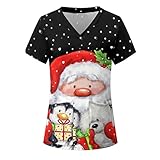 KOUYA Weihnachten T-Shirt Schlupfkasack Damen Kasack Kurzarm V-Ausschnitt Kasacks Damen Pflege Xmas Motiv mit Taschen Schlupfhemd Berufskleidung Krankenpfleger Uniformen N