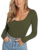 CARCOS Damen Oberteile sexy Langarmshirt T-Shirts Langarm Rippen Blusen Slim Fit Strickoberteil Einfarbig Elegante Oberteile Tops Leicht Shaper Top,Armeegrün,L