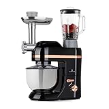 Klarstein Lucia Elegance - Küchenmaschine Multifunktional, Küchenmaschine mit Fleischwolf und Mixer, Rührgerät 1300 W in 6 Leistungsstufen, Pulsfunktion, Edelstahlschüssel, Glasmixerkrug, schw