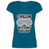 Nerd Geschenke - Chillin with My Squad grau schwarz - XXL - Türkis - Zocken - XO1525 - Damen T-Shirt mit V