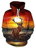 HGFHKLL 3D Tiermuster Twilight Elch Männer und Frauen Hoodies mehrfarbige Langarm Pullover Coole Sw