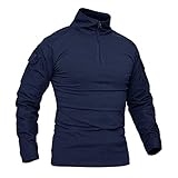 KEFITEVD Military Shirt Herren Half Zip Army Pullover Männer Tactical Shirt mit Patch Klett Elastisch Angeln T-Shirt Taktisch Combat Shirt Feldbluse Navy Blau 2XL