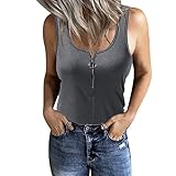 Tank Tops Damen Weste mit U Ausschnitt Ärmellose Sommer T Shirts Trendige Einfarbige Gerippte Sportweste Bluse mit Knopfleiste und Reißverschluss Schmal geschnittene Tunika Basic Shirt Pullover T