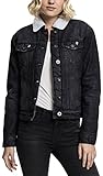 Urban Classics TB1740 Ladies Sherpa Denim Jacket, klassische Trucker Jeansjacke mit Fell für Frauen, für Herbst und Winter, warm gefüttert - black washed, Größe XL