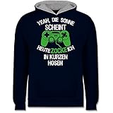 Shirtracer Up to Date Kind - Heute zocke ich in kurzen Hosen grün weiß - 128 (7/8 Jahre) - Navy Blau/Grau meliert - JH003K_Kinder_Kontrast_Hoodie - JH003K - Kinder Kontrast H