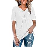 NPRODLO Damen Einfarbig Kurzarm Knick V-Ausschnitt Geraffte Schlanke Passform T-Shirt Bluse Tunika Top für Sommer Frauen Beiläufig Elegant Kompfort Einfach Weich Täglich Hemden Oberteile Crop-Top