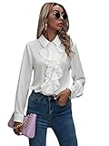 DIDK Damen Elegant Chiffon Bluse Business Schluppenshirt Stehkragen mit Rüschen Langarmshirts Oberteil Tops Weiß M