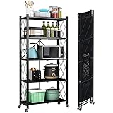 Klappregal mit Rollen, Bewegliches 5-stufiges Metall Lagerregal Organizer Regal, mit 4 Stumm Rädern(2 Bremsen), Max.550 Pfund, für Küche Wohnzimmer Büro Garage(Schwarz) Ohne I