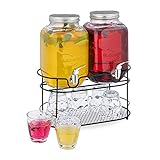 Relaxdays Getränkespender im 2er Set, Wasserspender mit Ständer, 6 Trinkgläser, 4 Liter Glas mit Zapfhahn, transp