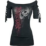 XOXSION Gotisch T-Shirt Damen Sommer Oberteile Totenkopf Gedruckt Hemd Cooles Mode Schwarzes Bluse Slash Slit Tops Übergröße EIN Wort Kragen Trägerlos Tunika(Schwarz,4XL)