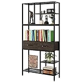 Bücherregal Leiterregal mit 2 Schubladen und Ablagen Raumteiler Regal aus Metall und Holz Standregal für Büro Wohnzimmer Schlafzimmer Küche industriell stabil Vintage braun LBH：90x30x180