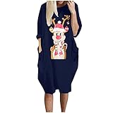 DENGZI Damen Weihnachten Kleid Casual Stitching Christmas Geweih Print Langarm O-Ausschnitt Lose Taschen Kleid Knielang