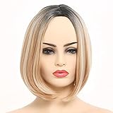 Asche blonde Perücke Bob kurze Haarseite Trennende Perücke, 12'Handgebundene Haarlinie Natürliche Frauen Schulterlangen Ombre Perücke Natürliche Synthetische Damen Perücke Halloween, Cosplay,