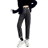 Senlen Damen Casual Distressed Jeans Modern Boyfriend High Waist Button Cropped Jeans, Schwarz , S