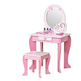 HOMCOM 2-Set Kinderschminktisch mit Hocker Frisiertisch Frisierkommode mit Schublade Spiegel für 3-8 Jahre MDF Akryl Rosa+Weiß 49 x 34 x 90