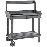 Outsunny Pflanztisch mit Schublade 2 Stufen Gärtnertisch mit waschbecken und Rollen Garten Tannenholz Grau 92 x 45 x 119