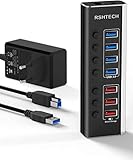 RSHTECH Aluminium USB Hub Aktiv 3.0 mit 12V 3A Netzteil, 4 USB 3.0 Datenübertragung und 3 Ports L