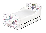 Leomark Einzelbett aus Holz - Einhorn - Kinderbett mit Schubladen für Bettwäsche, Stauraum, Holzbett mit Matratze + Lattenrost, Komplett Set, Liegefläche 70/140 cm, UV-Druck