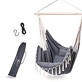BELLAMATILDA® HÄNGESESSEL 3 Kissen & Zubehör mit Seil und Haken | Hängeschaukel Outdoor & Indoor | XXL Hängesitz für Erwachsene & Kinder bis 150 kg | Garten, Wohnzimmer, Balkon (Grau-Beige)