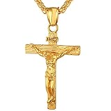 U7 Kreuz Halskette Edelstahl INRI Kruzifix Jesus Christus Anhänger mit 55cm Kette 18k vergoldet Katholischen Christian Schmuck für Damen Herren, Gold-T