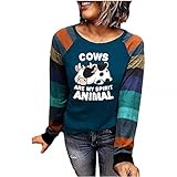 Orgrul Damen Herbst Tops Gestreifte Langarm Kuh Printed Tess, Cows Are My Spirit Animal, Pullover Niedliches Rundhals-T-Shirt mit Rundhalsausschnitt (XL, Marine)