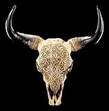Figuren Shop GmbH Totenkopf Wandrelief | Tätowierter Bison Schädel | First Nation Büffel Bulle Rind Western Dek