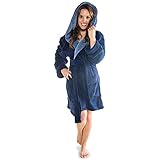 CelinaTex Miami Damen Bademantel mit Kapuze XXL dunkelblau Mittelblau Coral Fleece Morgenmantel Mikrofaser S