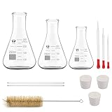 Glas Erlenmeyerkolben Set, JESTOOLO 250ml 200ml 150ml Konisch Fläschchen, 10 ml/5ml Messzylinder Glas mit 3 Glas Pipetten, 2 Waschbürste und 2 Glasstab, für Labor Lebensmittel Forschung M