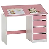 IDIMEX Kinderschreibtisch Emma, Jugendschreibtisch Schülerschreibtisch, Kiefer massiv, weiß/rosa, Platte neigungsverstellb