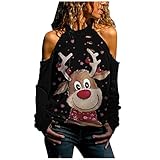 CHUNSE Weihnachtspullover Damen Weihnachten Langarmshirt Tops Lässige Lockere Bluse Tunika Frauen Casual Off Shoulder Frohe Weihnachten Print Aushöhlen Langarm Bluse Shirt Top Herbst W