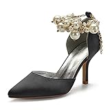 YiLuFanHua Damen Hochzeitsschuhe Stiletto-Absatz Spitz Brautschuhe Sexy Satin Nachgemachte Perle Pumps Für Hochzeit Oder Abend,Schwarz,37 EU