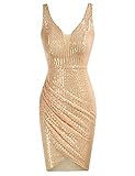 GRACE KARIN Damen Glänzend Partykleid Pleated Bleistiftkleid V-Ausschnitt Vintage Kleid Cocktail Midi Kleid M Golden CL0763A21-02
