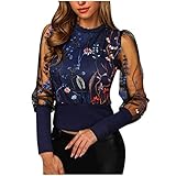 GFGHH Damen Spitzen Shirt Sexy Transparent Netz Tops Rundhals Mode Oansatz Langarm Blumenstickerei Sheer Mesh Insert Oberseite Frauen Bluse Netz-ärmeln Spitzen Mit Puffärmeln Schlitz Hinten Ob