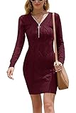 Vthereal Damen Pullover Strickkleider Stretch Pulloverkleid Sexy Strickkleid Frauen Pulli Reißverschluss Winterkleid Stricken Tunika Kleid Tops,Weinrot,M