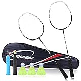 JPY Leichtgewichtiges Badmintonschläger-Set, 2 Stück, Carbonfaser, Badmintonschläger mit hoher Spannung, Badmintonschläger mit Tragetasche, 3 Federbälle, 2 Griffgummis (schwarz)