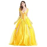 IWEMEK Damen Belle Kleid Erwachsene Halloween Fasching Karneval Kostüm Festlich Party Prinzessin Kleid Gelbes Maxikleid mit Handschuhe Märchen Cosplay Verkleidung 2tlg Set Outfits L