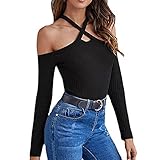 AllinKlei Damen Off Shoulder Geripptes Boatneck Neckholder Top Stilvolle Slim Fit Langarm Strickpullover Pullover Lässige Schlichte Tunik