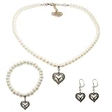 Alpenflüstern Trachtenschmuck-Set Perlen-Trachtenkette, Trachten-Armband und Trachten-Ohrhänger Strassherz-Hirsch - Damen-Trachten-Schmuck, Trachtenset Creme-weiß SET046
