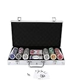 Clanmacy Pokerset mit 300 Chips 12 Gramm Laser Pokerchips Poker , 2 Karten, Händler, Small Blind, Big Blind Tasten und 5 Würfel, Silber mit Aluminium-G