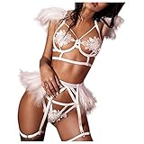Lazzboy Babydoll Mesh Dessous BH + Strumpfband Slip Set Cut-Out Frauen Harness Elastischen Unterwäsche Spitzes Geschirre Büstenhalter Verführerische Strappy(Weiß,XL)