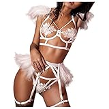 Lazzboy Babydoll Mesh Dessous BH + Strumpfband Slip Set Cut-Out Frauen Harness Elastischen Unterwäsche Spitzes Geschirre Büstenhalter Verführerische Strappy(Weiß,S)